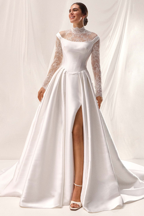 Front view of Pronovias Whitnay Mikado A-line wedding dress with lace yoke