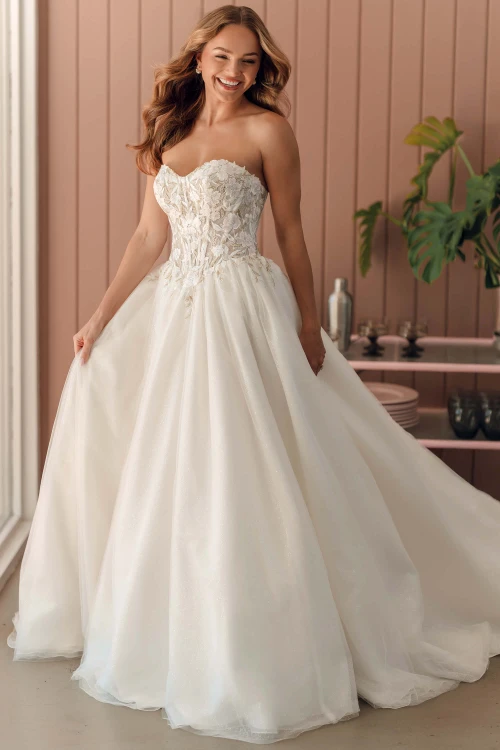 Stella York SY8181 strapless ballgown wedding dress with sheer lace corset bodice and voluminous skirt