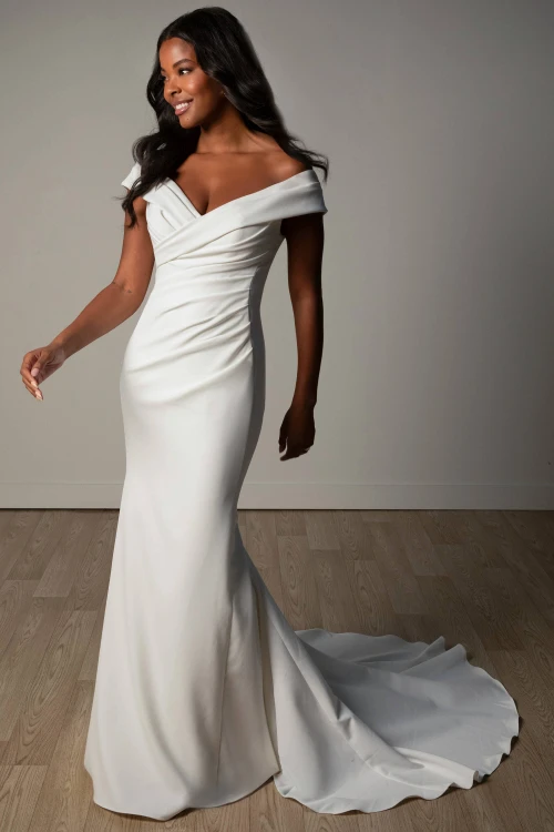Front view of Stella York SY8330 off-the-shoulder sheath wedding dress