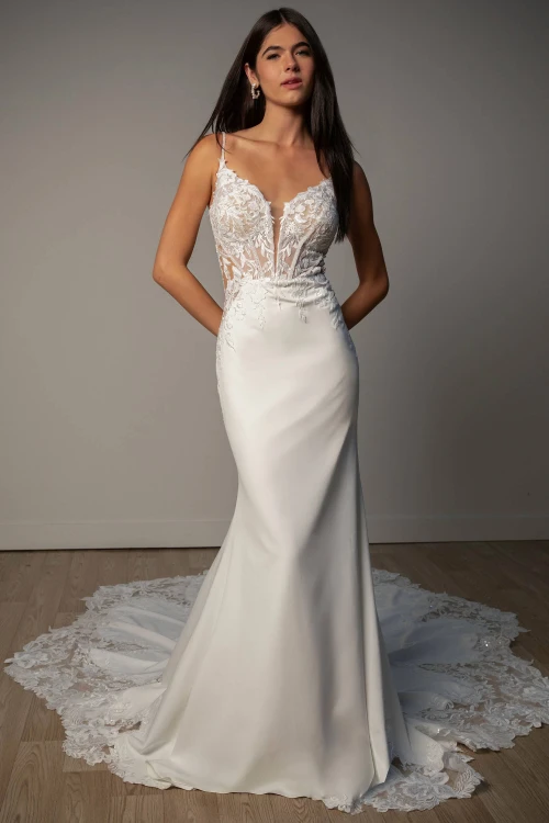 Front view of Stella York SY8340 plunging neckline fitted wedding dress