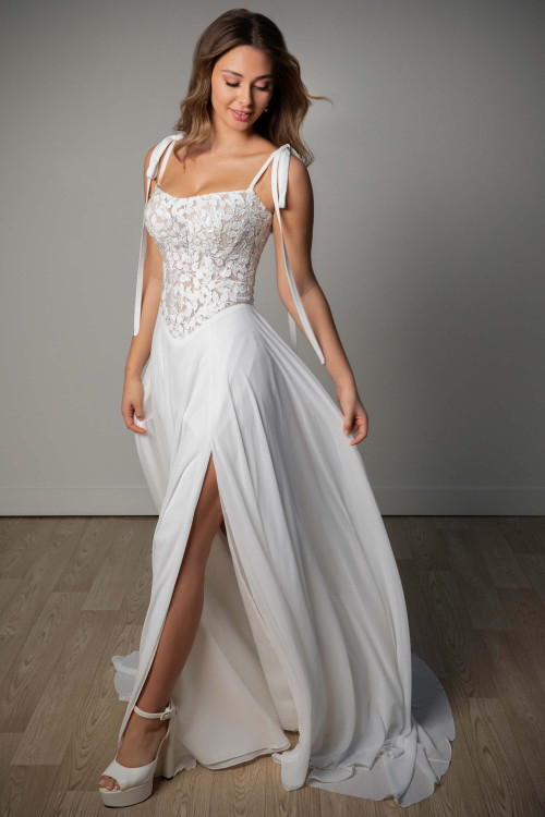 Front view of Stella York SY8343 chiffon A-line wedding dress with slit