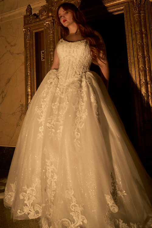 Front view of Maggie Sottero Lyra plus size beaded lace wedding dress