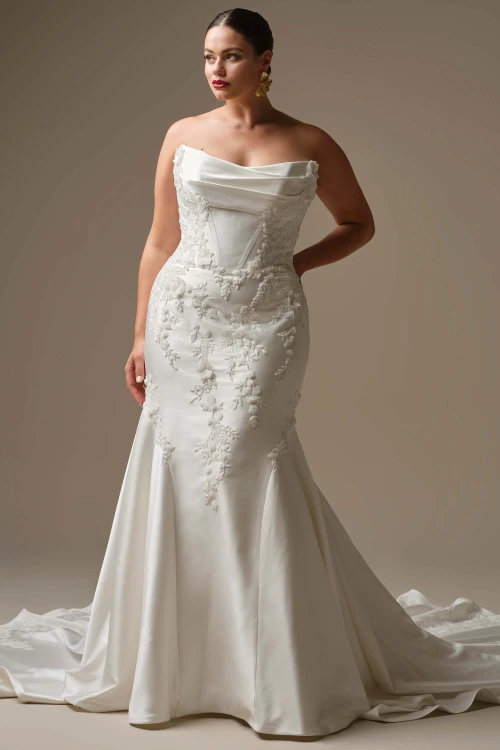 Front view of Sottero and Midgley Burke plus size satin wedding dress