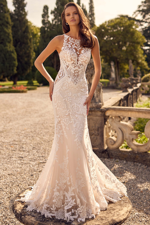 Floral lace fit-and-flare gown with illusion neckline and sculpted sheer bodice Floral lace fit-and-flare gown with illusion neckline and sculpted sheer bodice