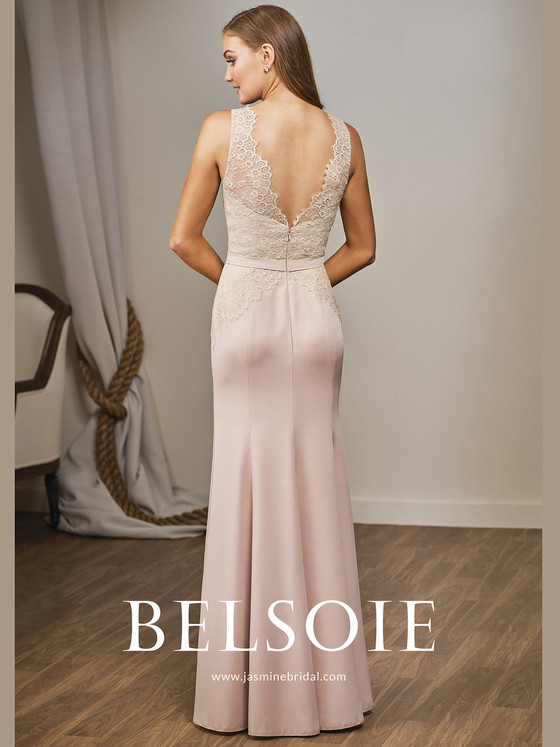 V-Neck Lace and Crepe Bridesmaid Dress Belsoie L204016 V-Neck Lace and Crepe Bridesmaid Dress Belsoie L204016