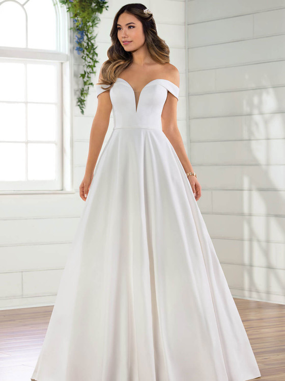 Clean and classic, this off-the-shoulder gown stuns with a plunge neckline and full A-line skirt Clean and classic, this off-the-shoulder gown stuns with a plunge neckline and full A-line skirt