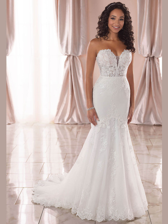 Strapless lace mermaid gown with illusion bodice and soft scalloped hem Strapless lace mermaid gown with illusion bodice and soft scalloped hem
