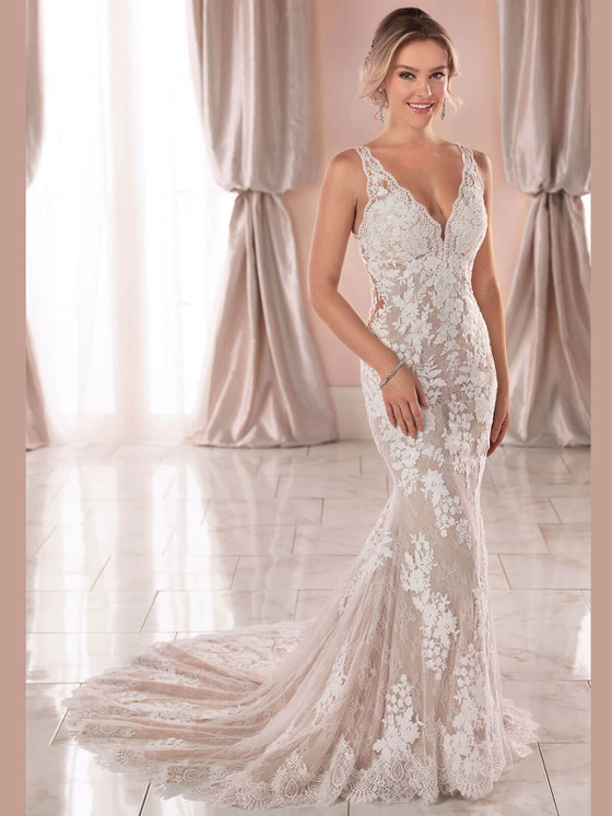 Allover lace fit-and-flare gown with scalloped V-neckline and illusion sides Allover lace fit-and-flare gown with scalloped V-neckline and illusion sides