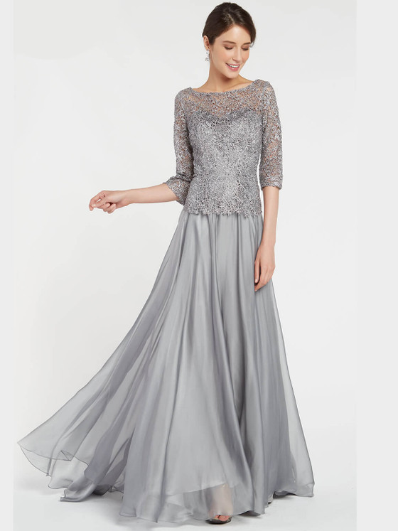 Lace bodice with bateau neckline pairs beautifully with a flowing chiffon skirt Lace bodice with bateau neckline pairs beautifully with a flowing chiffon skirt