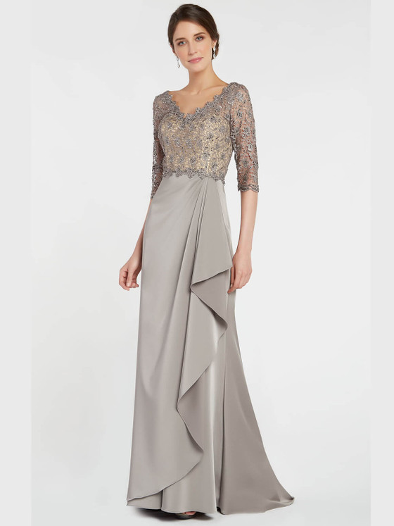 Front view of Alyce Paris MOB gown 27260 in Charcoal with beaded lace bodice, V-neck, and sleek straight skirt Front view of Alyce Paris MOB gown 27260 in Charcoal with beaded lace bodice, V-neck, and sleek straight skirt