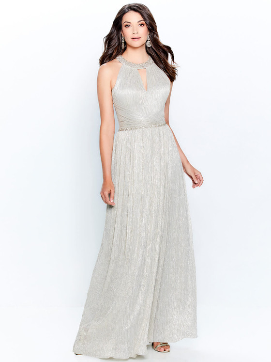 Front view of Montage 120901 metallic A-line mother of the groom dress with halter neckline