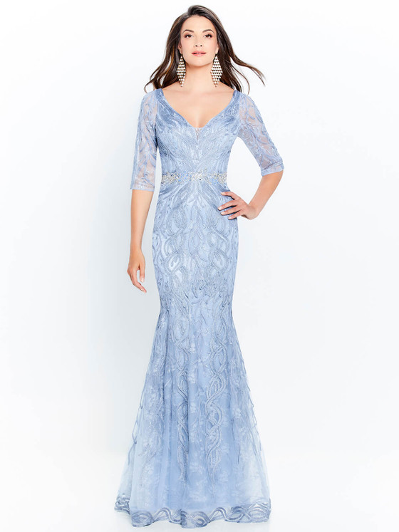 Front view of Montage 120921 light blue lace mother of the bride dress with illusion neckline