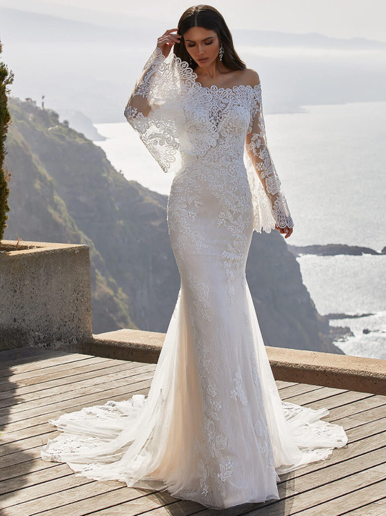 Off-shoulder lace fit-and-flare gown with dramatic bell sleeves and chapel lace tulle train Off-shoulder lace fit-and-flare gown with dramatic bell sleeves and chapel lace tulle train