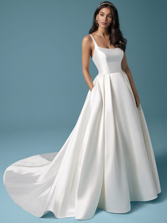 Maggie Sottero Selena wedding gown front view A-line Mikado with scoop neckline and full skirt
