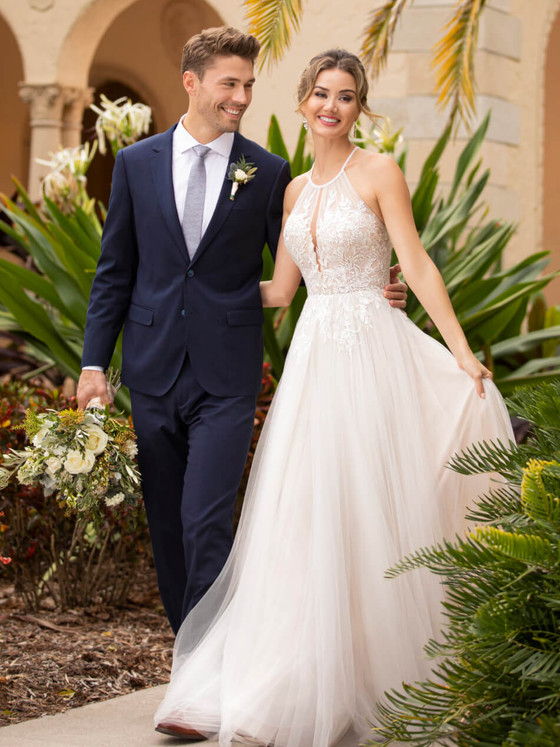 Halter illusion bodice with floral lace and flowing chiffon A-line skirt Halter illusion bodice with floral lace and flowing chiffon A-line skirt