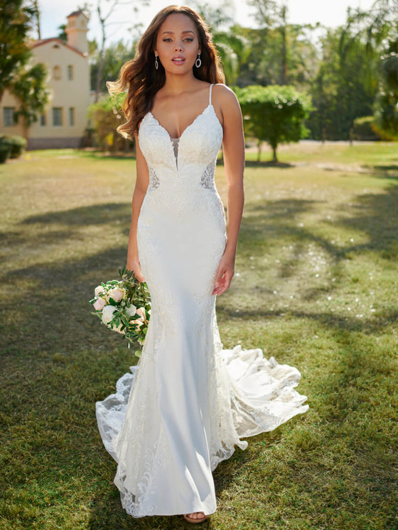 Fitted gown with illusion plunge neckline and sculpted bodice with lace details Fitted gown with illusion plunge neckline and sculpted bodice with lace details