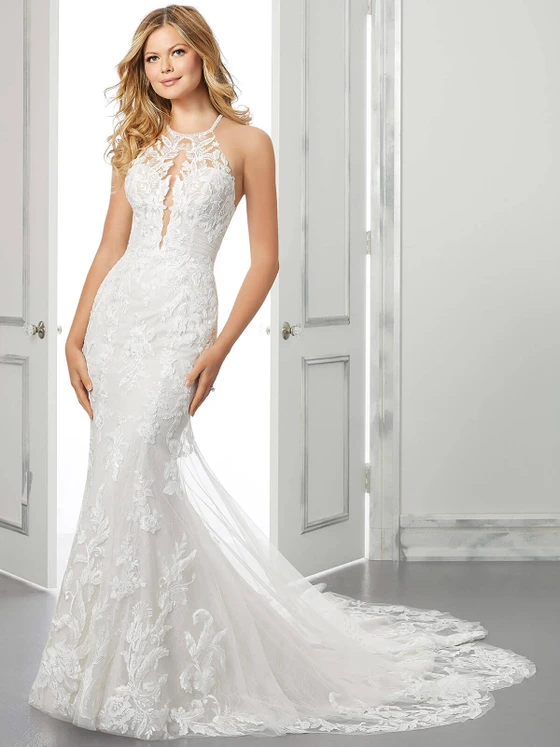 Front view Morilee Bonita 2303 halter neck fit and flare wedding dress
