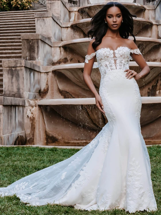 Front view of Allure Bridals 9860 crepe fit and flare wedding dress