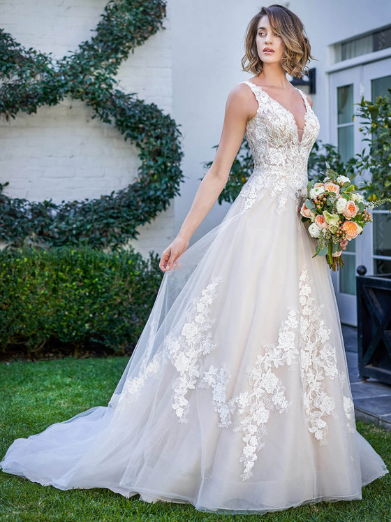 Front view Jasmine Bridal F221068 tulle A-line wedding dress with lace