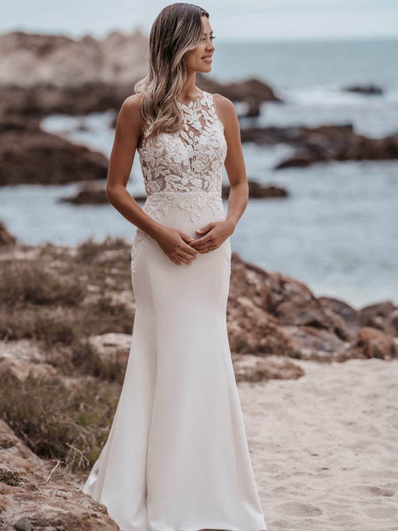 Front view of Allure Bridals 9905 fitted crepe wedding dress