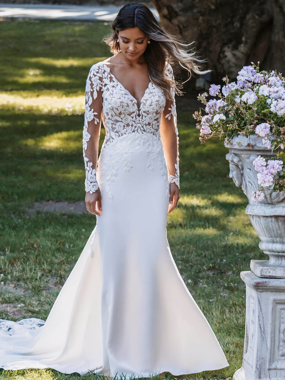 Front view of Allure Bridals 9915 fitted crepe wedding dress with illusion lace sleeves