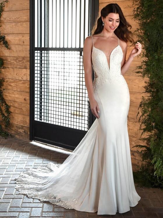 A plunging neckline and beaded straps elevate this sleek gown with a lace-edged sheer train A plunging neckline and beaded straps elevate this sleek gown with a lace-edged sheer train