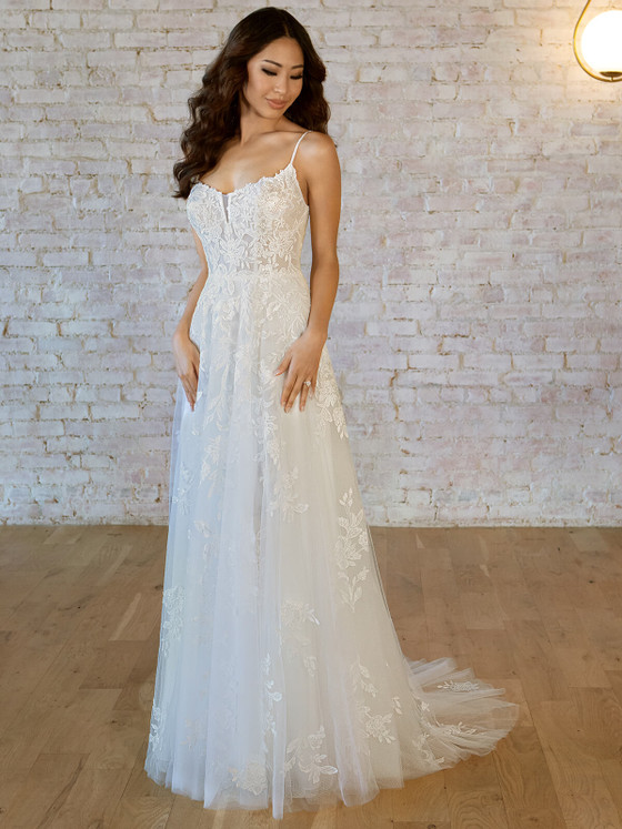 Lace bodice with illusion corset and soft A-line floral tulle skirt Lace bodice with illusion corset and soft A-line floral tulle skirt