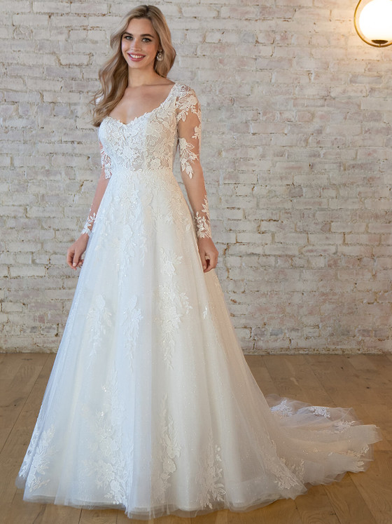 Glitter tulle gown with detachable illusion lace sleeves and floral-embroidered bodice Glitter tulle gown with detachable illusion lace sleeves and floral-embroidered bodice