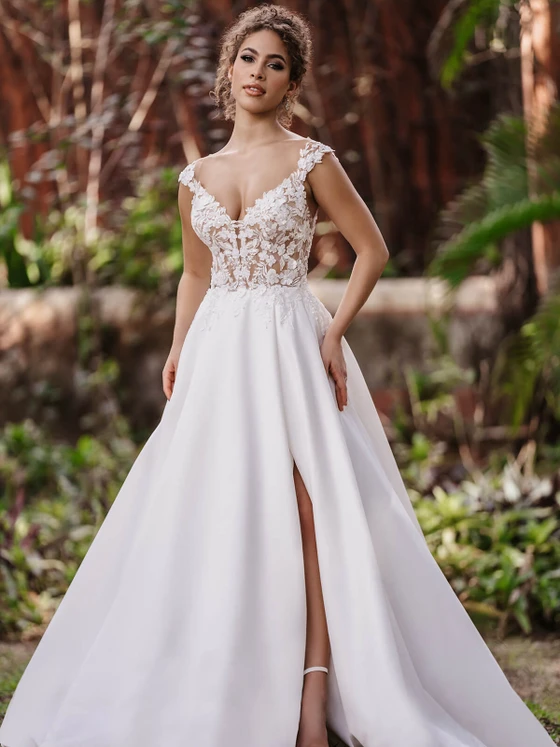 Front view of Allure Bridals 9954 lace and Mikado A-line wedding dress