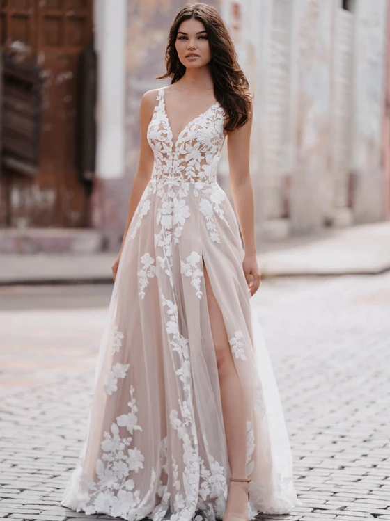 Front view of Allure Bridals 9956 floral lace A-line wedding dress