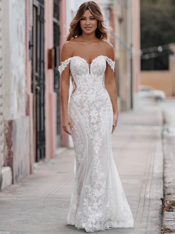 Front view of Allure Bridals 9962 off-the-shoulder lace wedding dress