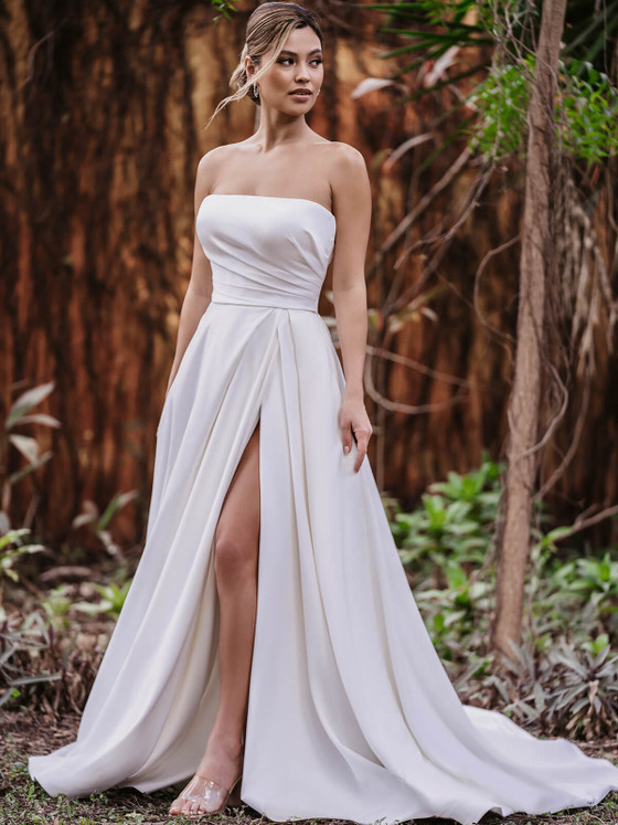 Front view of 9967 A-line wedding dress with thigh-high slit