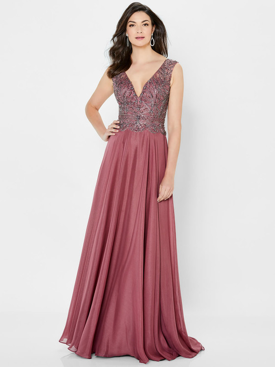 Front view of Montage 122907 rose chiffon mother of the groom dress with beaded bodice