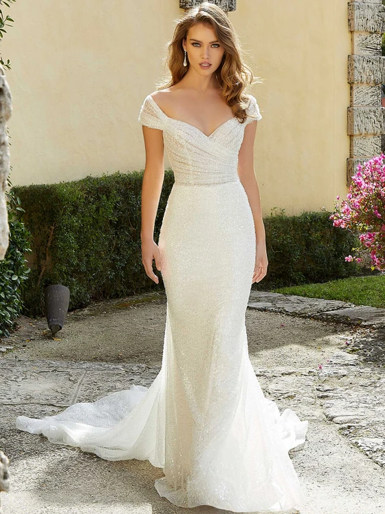 Front view Morilee Faye 2484 beaded net fit and flare wedding dress