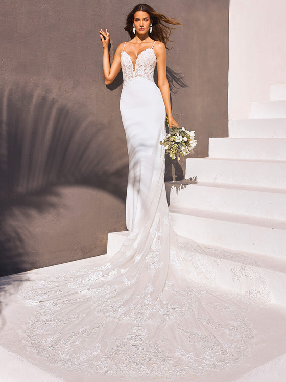 Elegant gown with delicate lace bodice, plunging neckline, and flowing embroidered train for timeless romance Elegant gown with delicate lace bodice, plunging neckline, and flowing embroidered train for timeless romance
