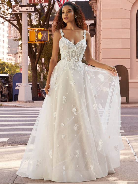 Front view of Morilee Josie 2508 A-line gown with 3D floral appliqués. Front view of Morilee Josie 2508 A-line gown with 3D floral appliqués.