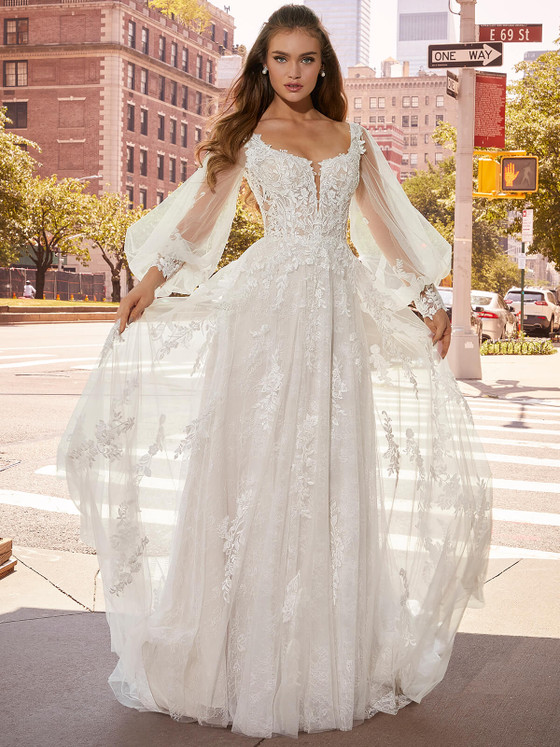 Front view Morilee Josephine 2518 Chantilly lace wedding dress with sleeves
