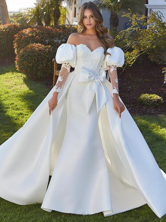 Front view of Morilee Malin 2539 satin wedding dress with overskirt
