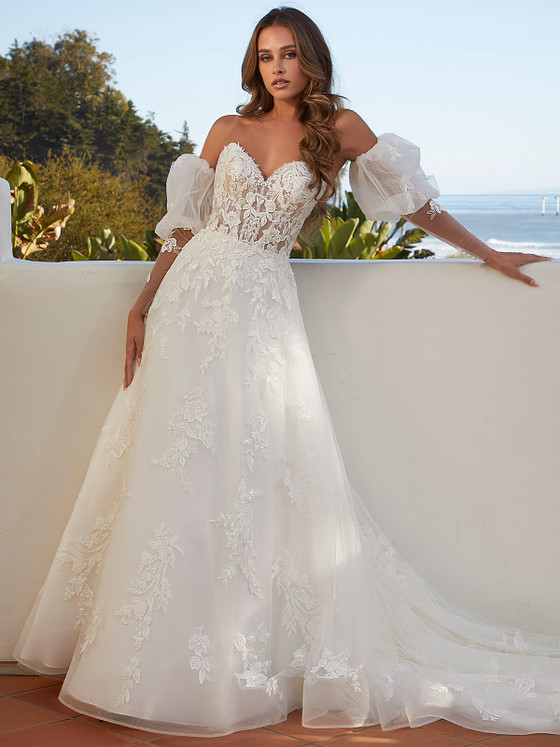 Front view of Morilee Minerva 2548 embroidered lace A-line wedding dress