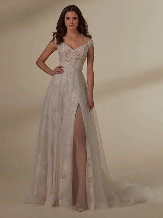 Front view Morilee Marcella 4136 floral lace A-line wedding dress