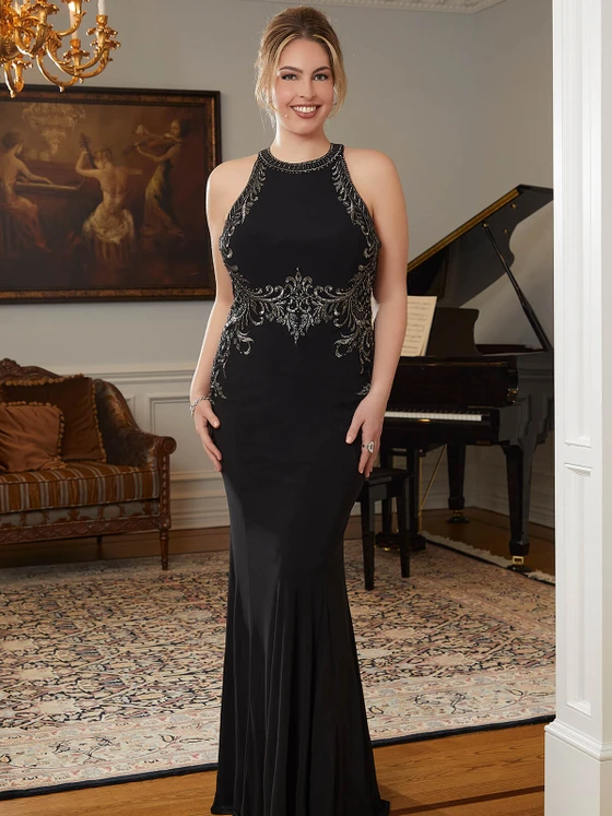 Front view of black Morilee 71625 plus size halter mother dress