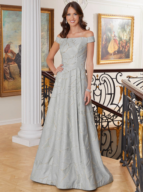 Front view of sea glass and gold Morilee 72712 brocade mother dress