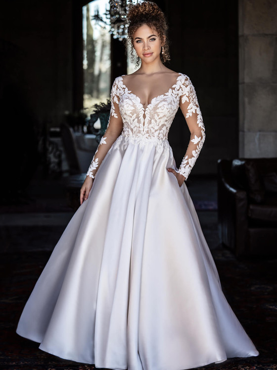 Front view of Allure Bridals A1105 long sleeve A-line wedding dress