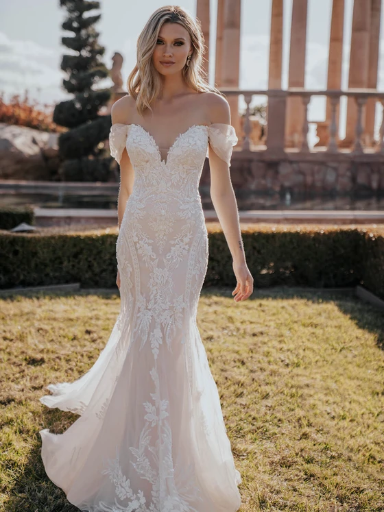 Front view of Allure Bridals A1163 off-the-shoulder lace wedding dress