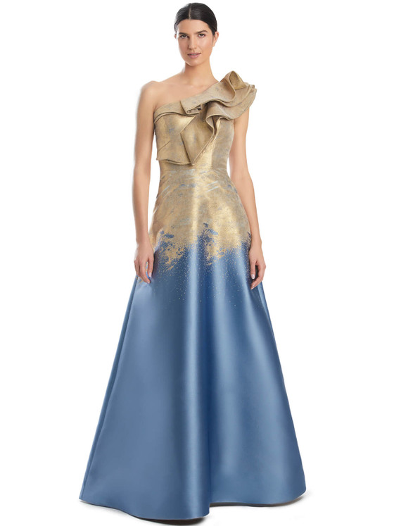 Gold metallic one-shoulder gown with sculpted ruffle and soft blue ombré skirt. Gold metallic one-shoulder gown with sculpted ruffle and soft blue ombré skirt.