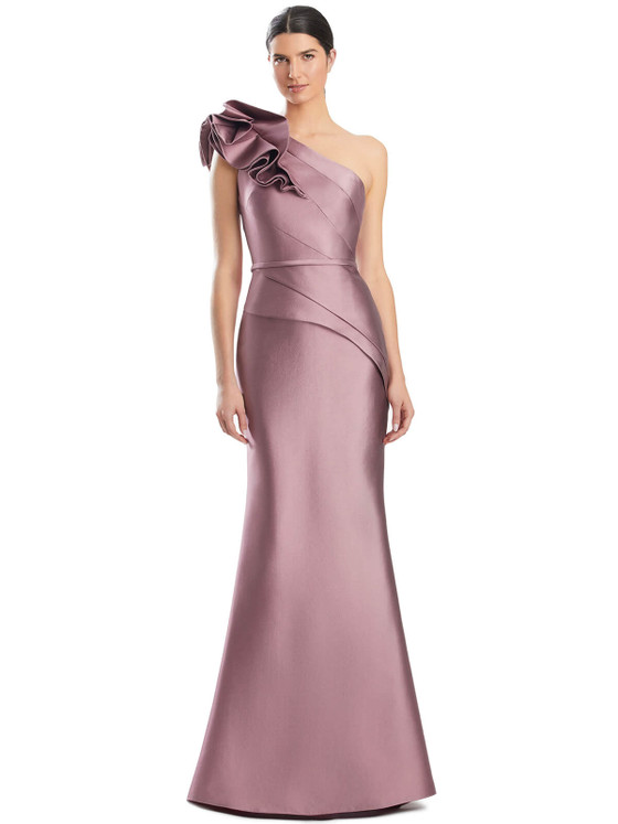 Elegant rose gown with a sculptural ruffle shoulder and slimming wrap detail Elegant rose gown with a sculptural ruffle shoulder and slimming wrap detail
