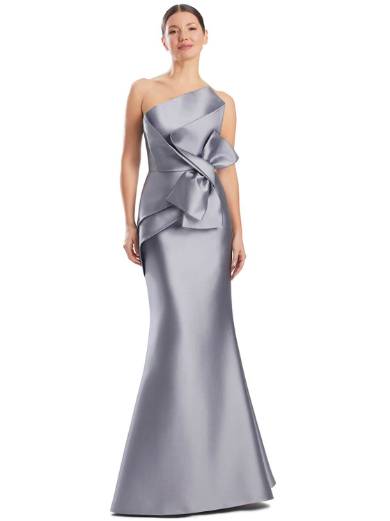 Silver gown stuns with sculpted satin and architectural ruffle Silver gown stuns with sculpted satin and architectural ruffle