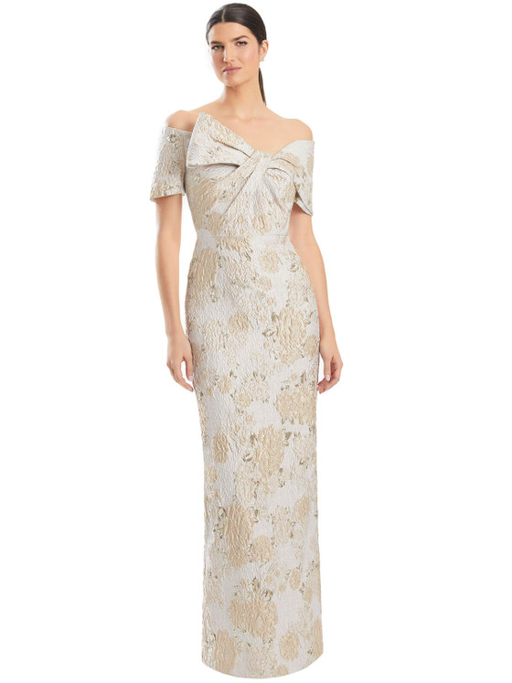 Champagne floral brocade gown with off-shoulder neckline and oversized bow detail Champagne floral brocade gown with off-shoulder neckline and oversized bow detail