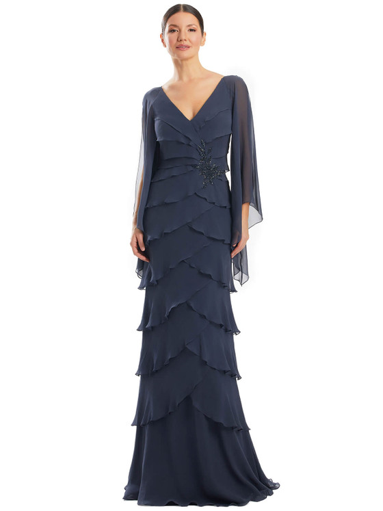 Charcoal layered gown with sheer flutter sleeves and beaded waist accent Charcoal layered gown with sheer flutter sleeves and beaded waist accent