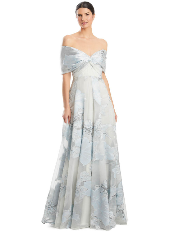 Soft blue floral gown with ruched off-shoulder collar and sheer organza overlay Soft blue floral gown with ruched off-shoulder collar and sheer organza overlay